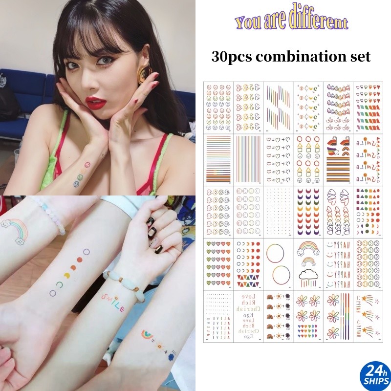30ชิ้นที่มีสีสันสายรวมกันรูปแบบสักน่ารักสาวแขนสักสติกเกอร์รอยสักกันน้ํายาวนานสําหรับ7วันสติกเกอร์ผิวชั่วคราวสักปลอม