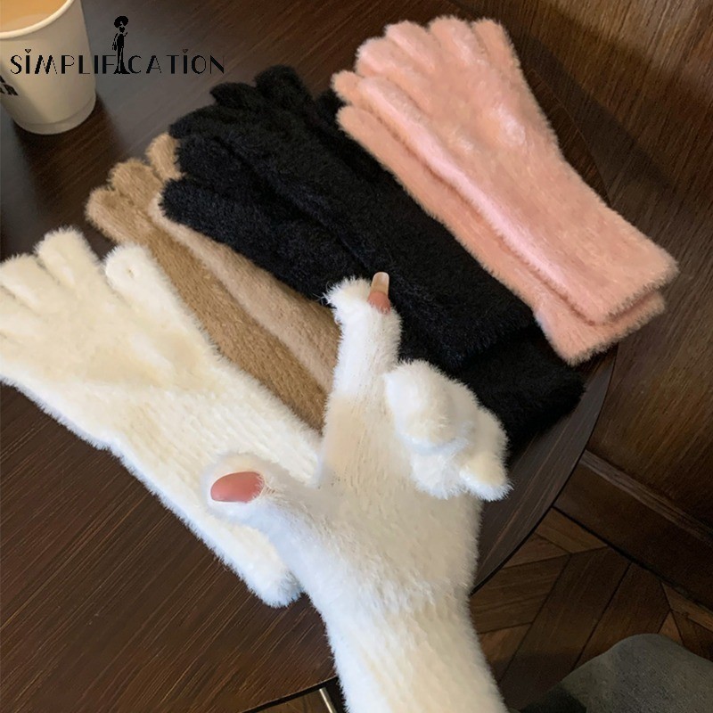 ใหม่ยอดนิยม Simple Warm Mittens - Soft Plush สีทึบหน้าจอสัมผัสถุงมือกันลมกลางแจ้ง