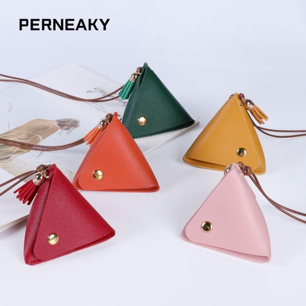 Perneaky กระเป๋าใส่เหรียญหนัง, กระเป๋าเก็บของแบบพกพาทรงสามเหลี่ยม, การ์ดควบคุมการเข้าออก กระเป๋าสตางค์ปุ่มสแน็ปสีทึบ