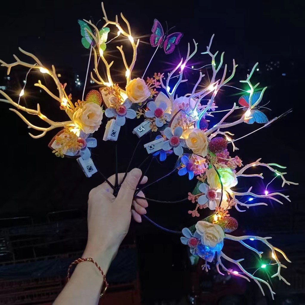 Led Deer Ear Antler แถบคาดศีรษะส่องสว่างดอกไม้ Headdress Elk หูแถบคาดศีรษะผม Hoop สําหรับ Christmas Party