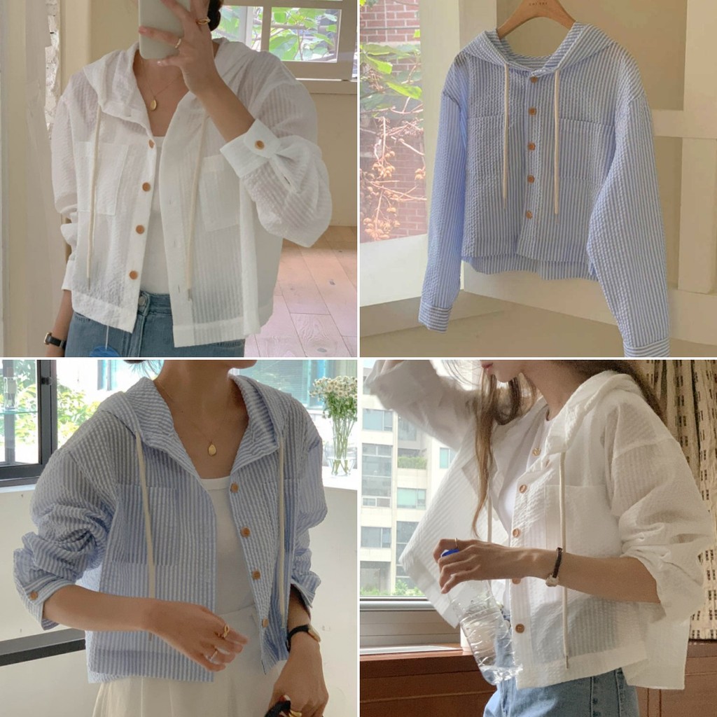cherryshop พร้อมส่ง เสื้อคลุมแขนยาวผู้หญิง เสื้อฮู้ดสั้น ดีไซน์ลายทาง สไตล์เกาหลี หลวมและอเนกประสงค์