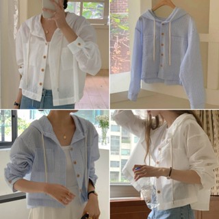 cherryshop🍒พร้อมส่ง เสื้อคลุมแขนยาวผู้หญิง เสื้อฮู้ดสั้น ดีไ…