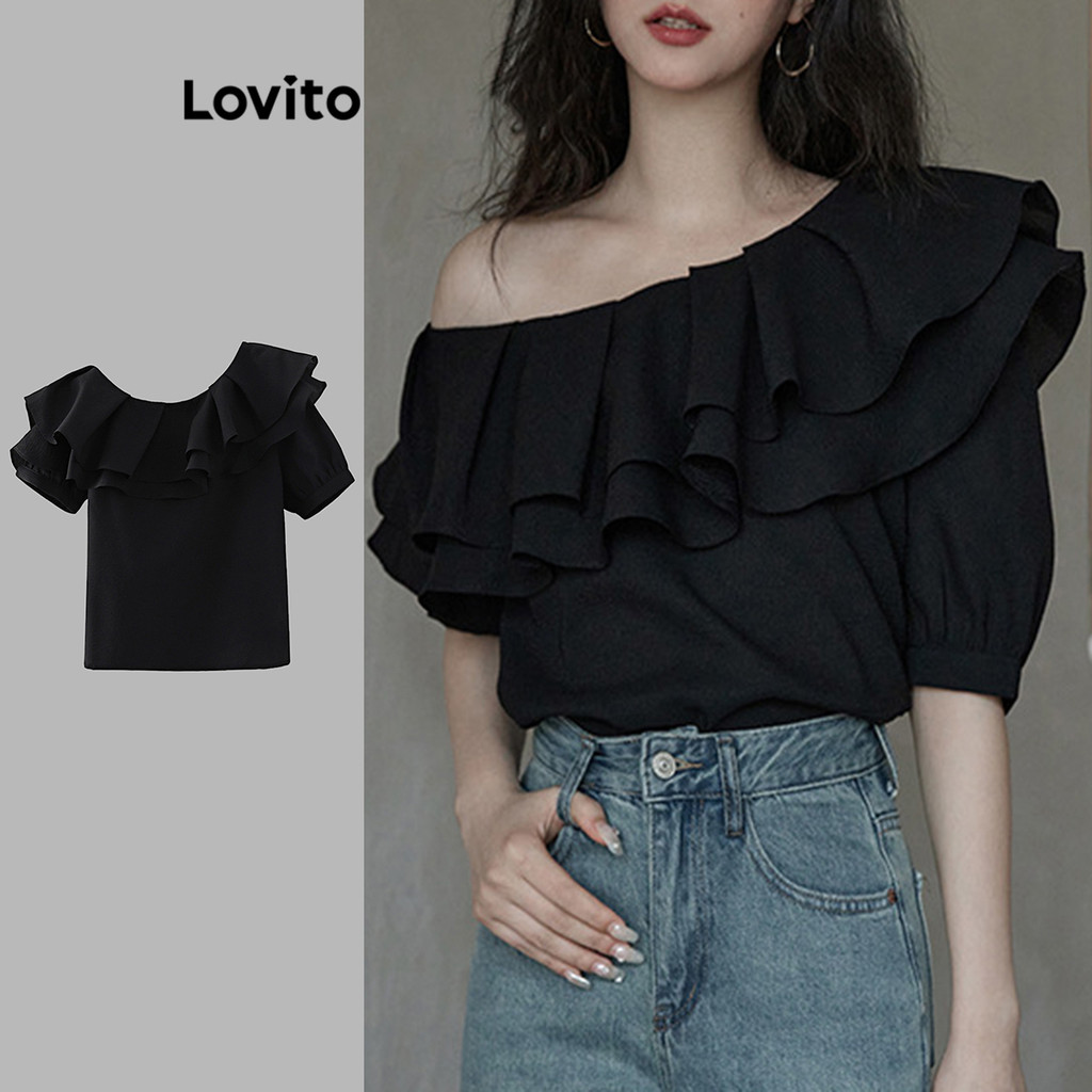 Lovito เสื้อเบลาส์ไหล่เย็นสำหรับผู้หญิง L106AD611