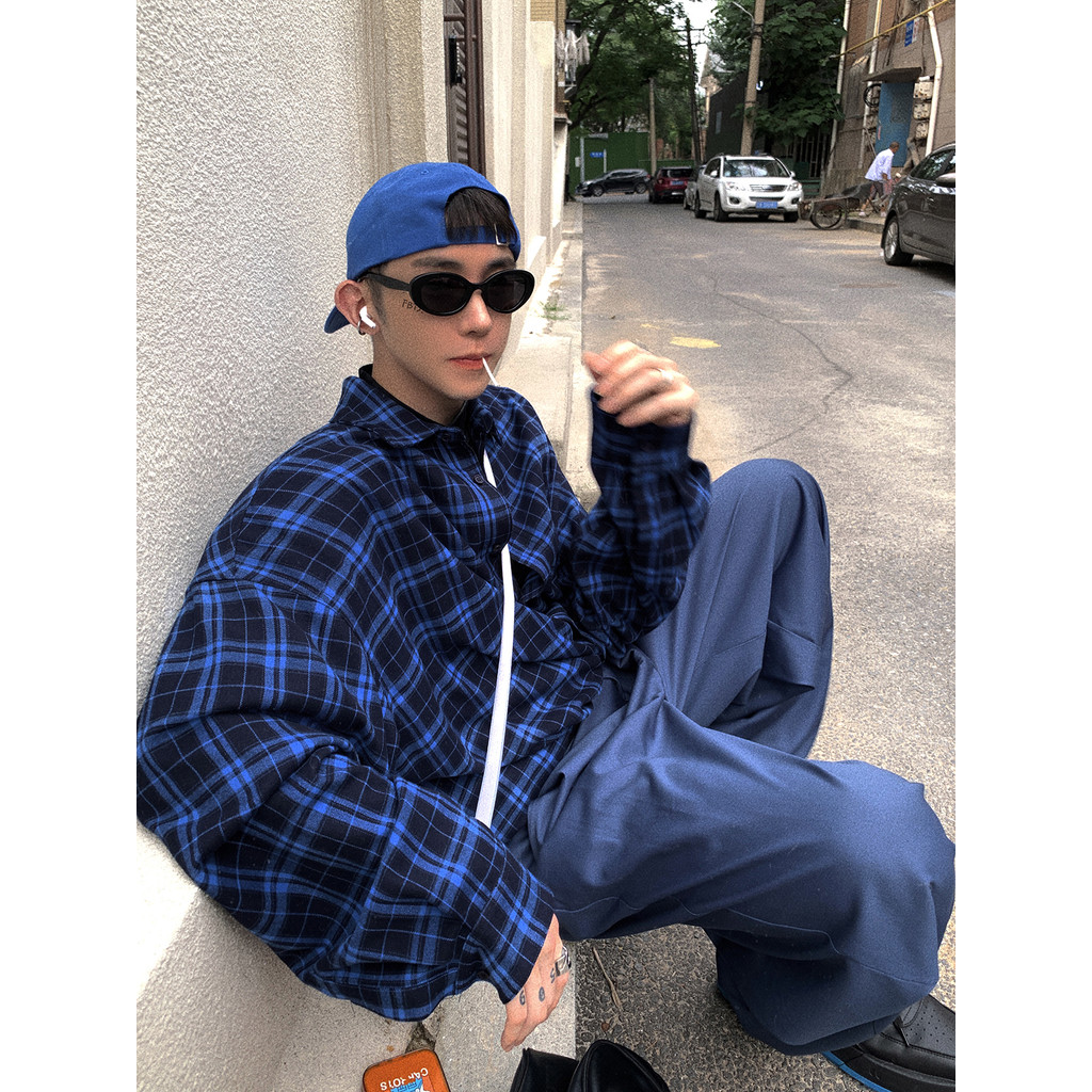 เสื้อเชิ้ตลายสก๊อตแขนยาวปักลายขนาดเล็กเรียบง่ายย้อนยุคหลวม