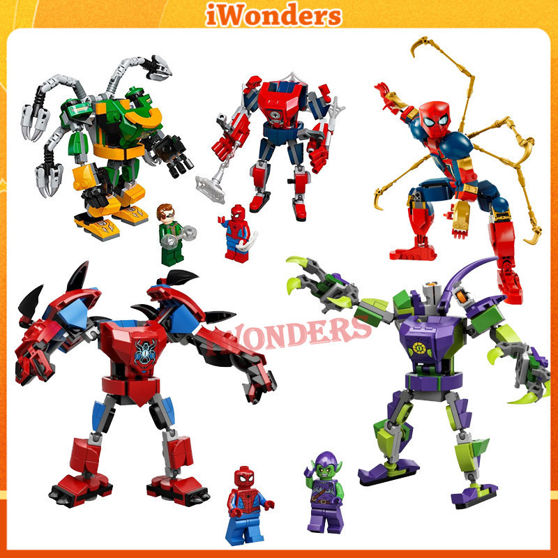 ซูเปอร์ฮีโร่ Marvel The Avengers Spider-Man Green Goblin Mech Battle Thanos Mech Armor Building Blocks ของเล่นของขวัญ