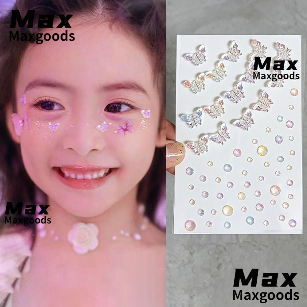 สติกเกอร์พลอย MAXG, การตกแต่งใบหน้ากาวสติกเกอร์เครื่องประดับใบหน้า, Shinny Body แต่งหน้าผีเสื้อดอกไม้ Stars Hearts Eye Shadow สติกเกอร์เด็ก