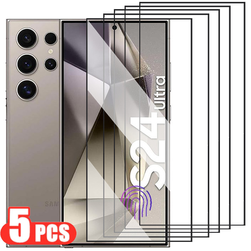 5pcs Full Screen Protector สําหรับ Samsung Galaxy S24 Ultra S22 S23 S21 Plus ลายนิ้วมือ Ulock กระจกน