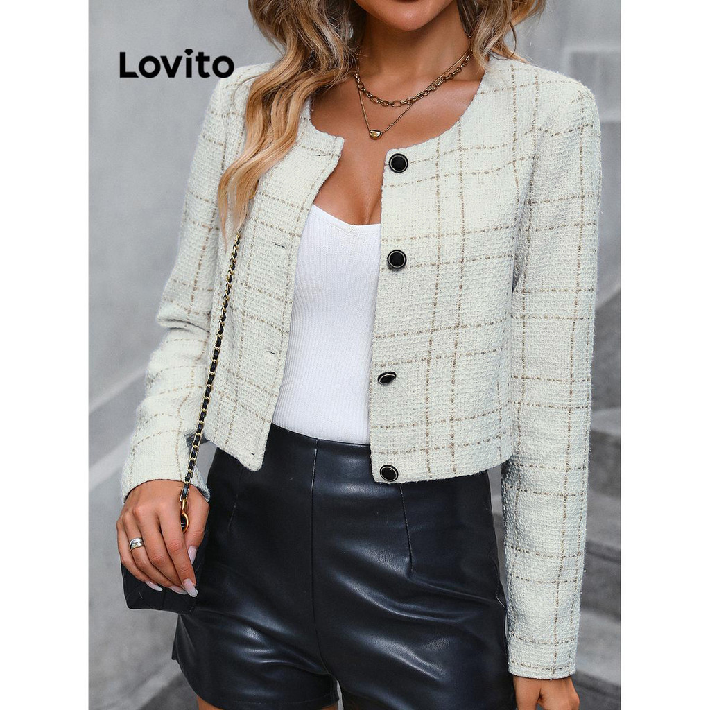 Lovito เสื้อแจ็กเก็ตผู้หญิง มีกระดุม สีพื้น สไตล์ลำลอง LNL52010