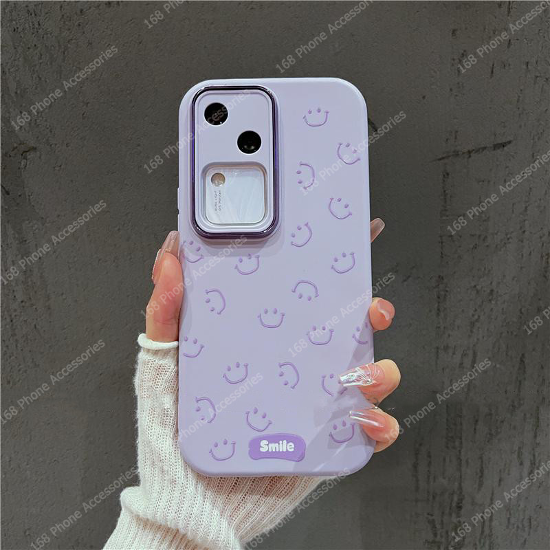 เคส Vivo V40 V30 5G เคส Vivo V40 V30 Pro รอยยิ้มน่ารักกันกระแทกพร้อมตัวป้องกันกล้องเคลือบนุ่มสีม่วงซิลิโคน Ins สไตล์ป้องกันลายนิ้วมือสําหรับเด็กผู้หญิงนักเรียนหญิง