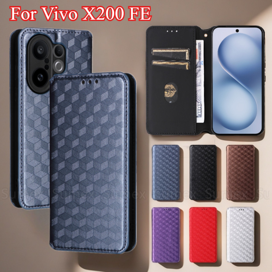 Lattice แม่เหล็กหนังสําหรับ Vivo X200 FE Pro Mini Ultra 5G เคสโทรศัพท์ Stand Holder ช่องใส่การ์ดกระเ