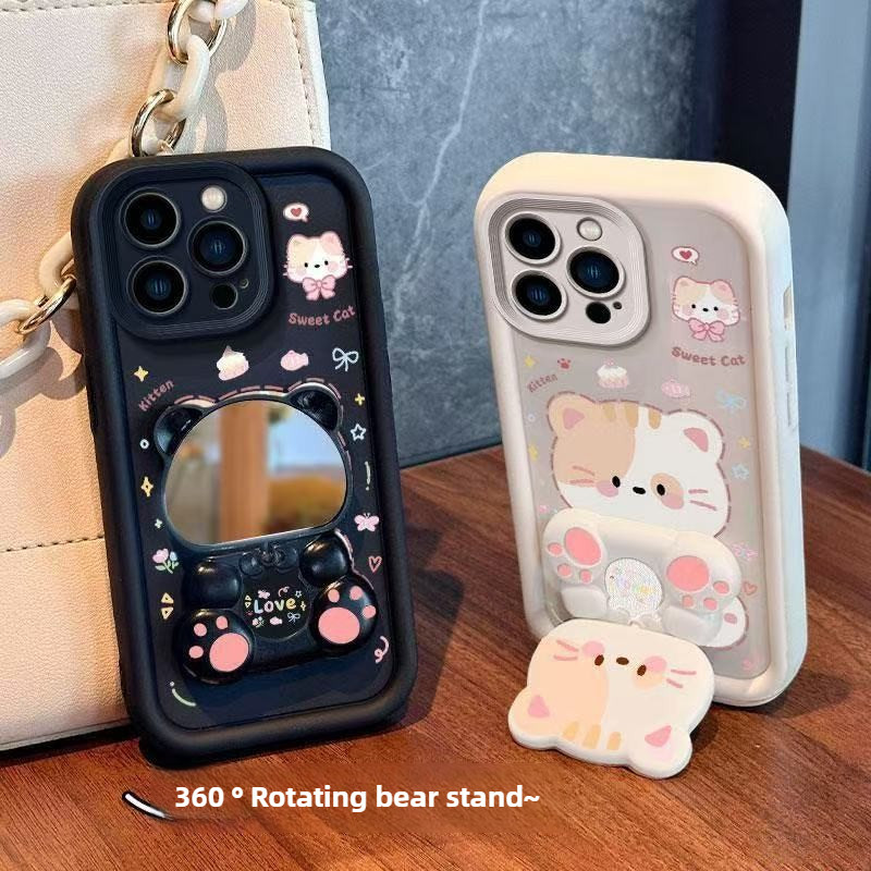 เคส for Samsung A56 5G S22 S22 Plus S22 Ultra S23 5G S23 Ultra 5G S24 5G กระเป๋าใส่โทรศัพท์มือถือซิลิโคนอ่อนนุ่มกันกระแทกออกแบบใหม่กระจกหมุนลูกสุนัขน่ารักพร้อมขาตั้ง