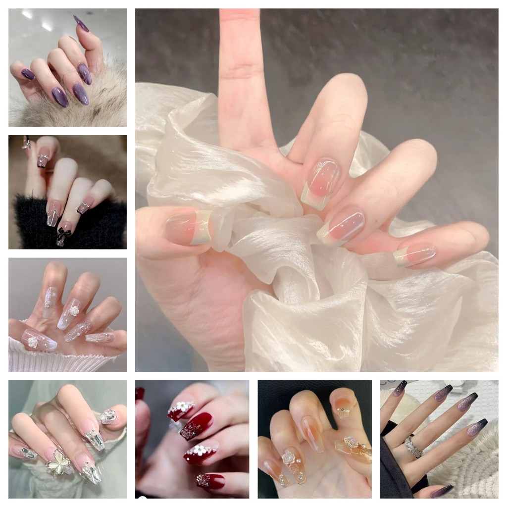 FREE GLUE2024 ใหม่ล่าสุด 24 ชิ้น Nail Art เล็บปลอมฝรั่งเศสชุดกาวอะคริลิค Full Nail COD