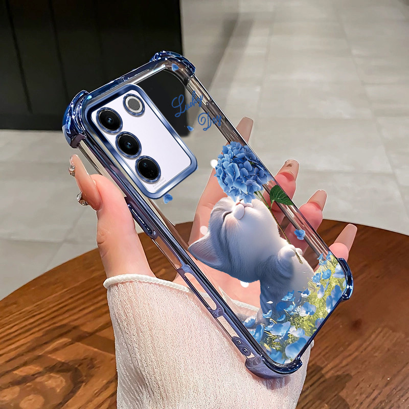 สําหรับ vivo Y100 Y200 V29E V30E 5G V40 LITE 4G เคสโทรศัพท์ดอกไม้แมวสี่มุมซิลิโคน TPU โปร่งใสนุ่ม XH007