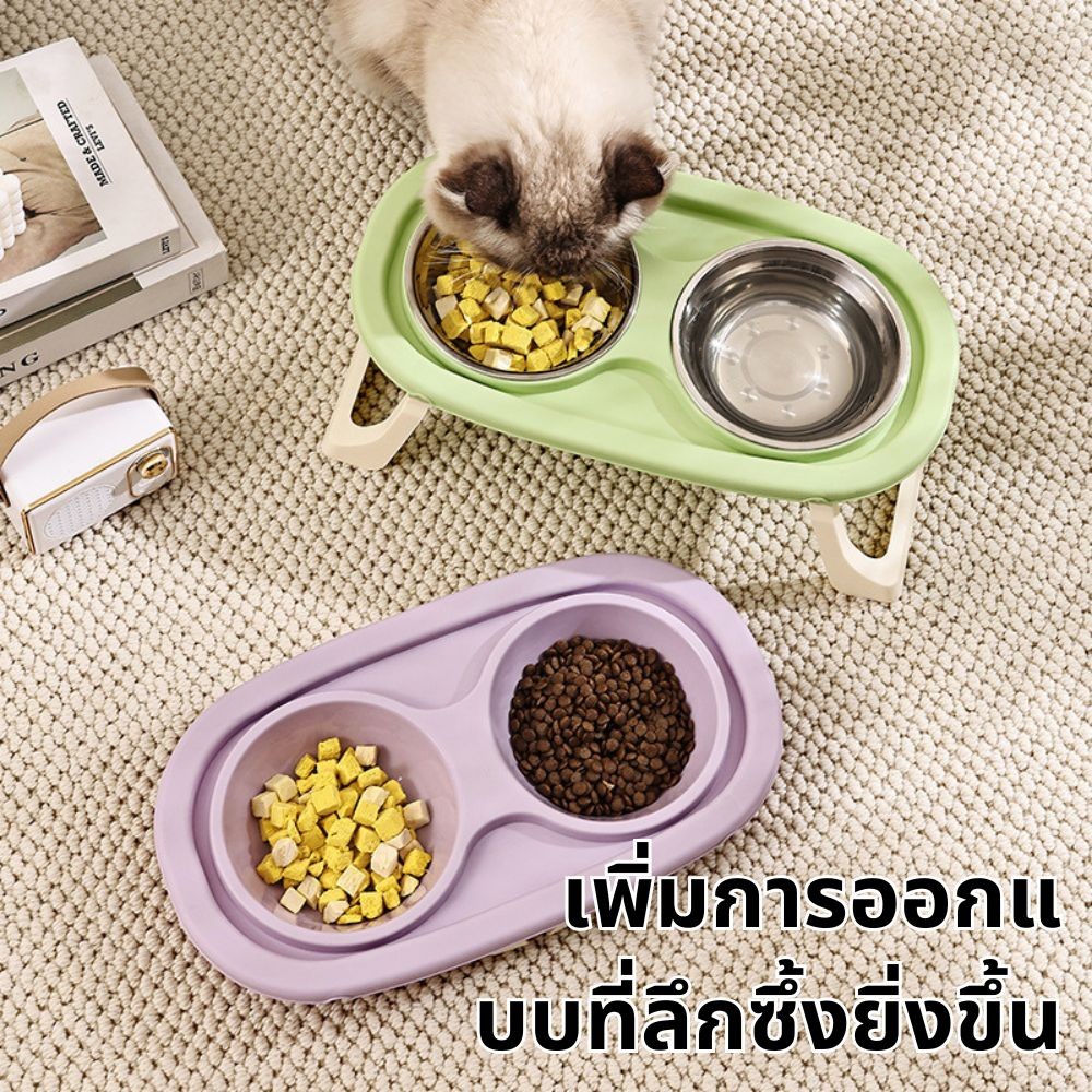 🐶พร้อมส่ง🐱ชามอาหารสัตว์เลี้ยง สเตนเลส ชาม2ช่อง มี 3 สี พับ เหมาะสำหรับสุนัขและแมว