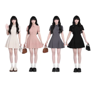 เติมสต๊อกแล้ว🍥【EVIOVIO】 S-5XL เดรสสั้น คอปกเชิ้ต แขนสั้นพัฟ กระดุมหน้า กระโปรงทรงเอ สไตล์หวานสุภาพ เกาหลี