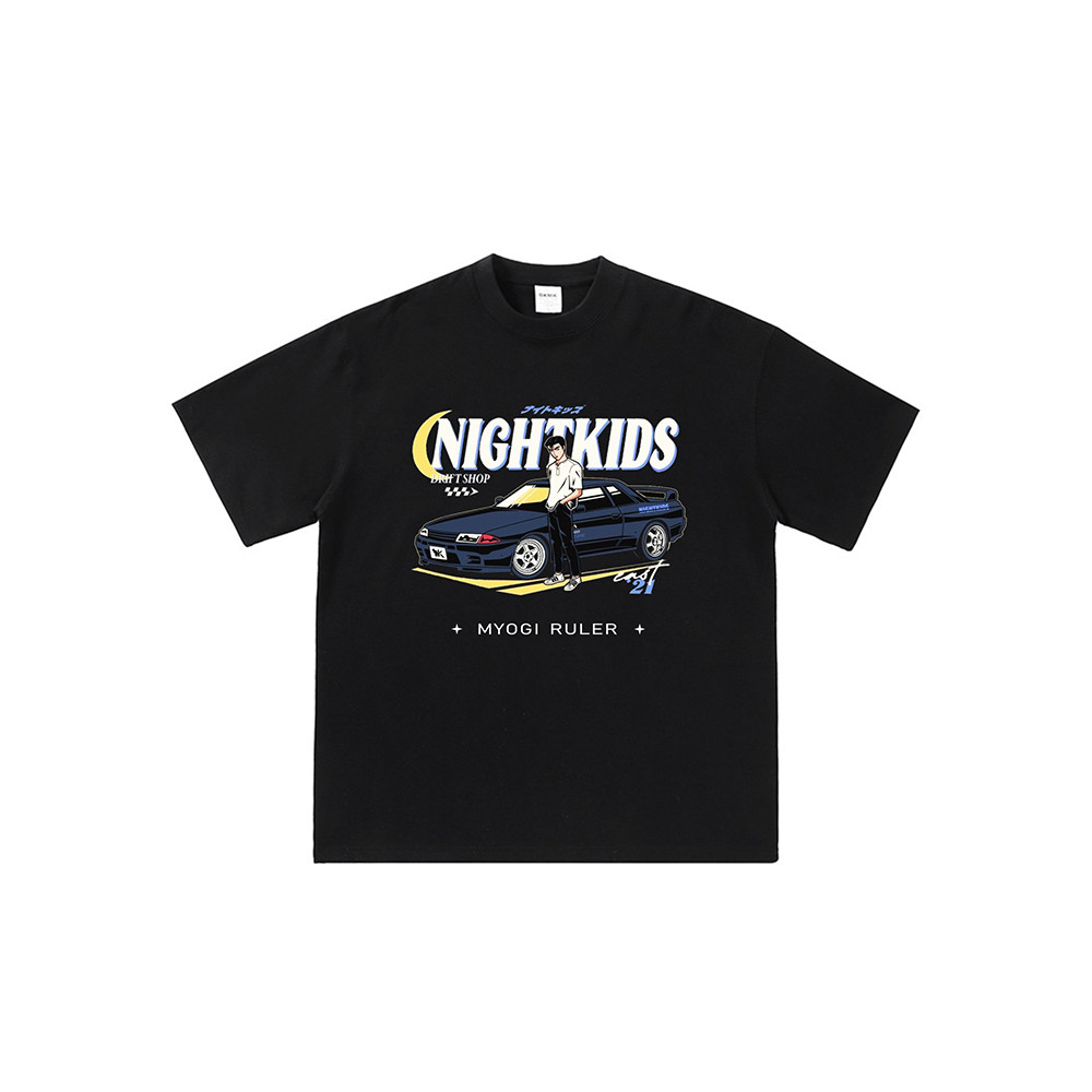 เสื้อยืดแขนสั้นผ้าฝ้ายเนื้อหนาลายอะนิเมะย้อนยุคญี่ปุ่น Initial D NightKids 250g เทรนด์ S-5XL