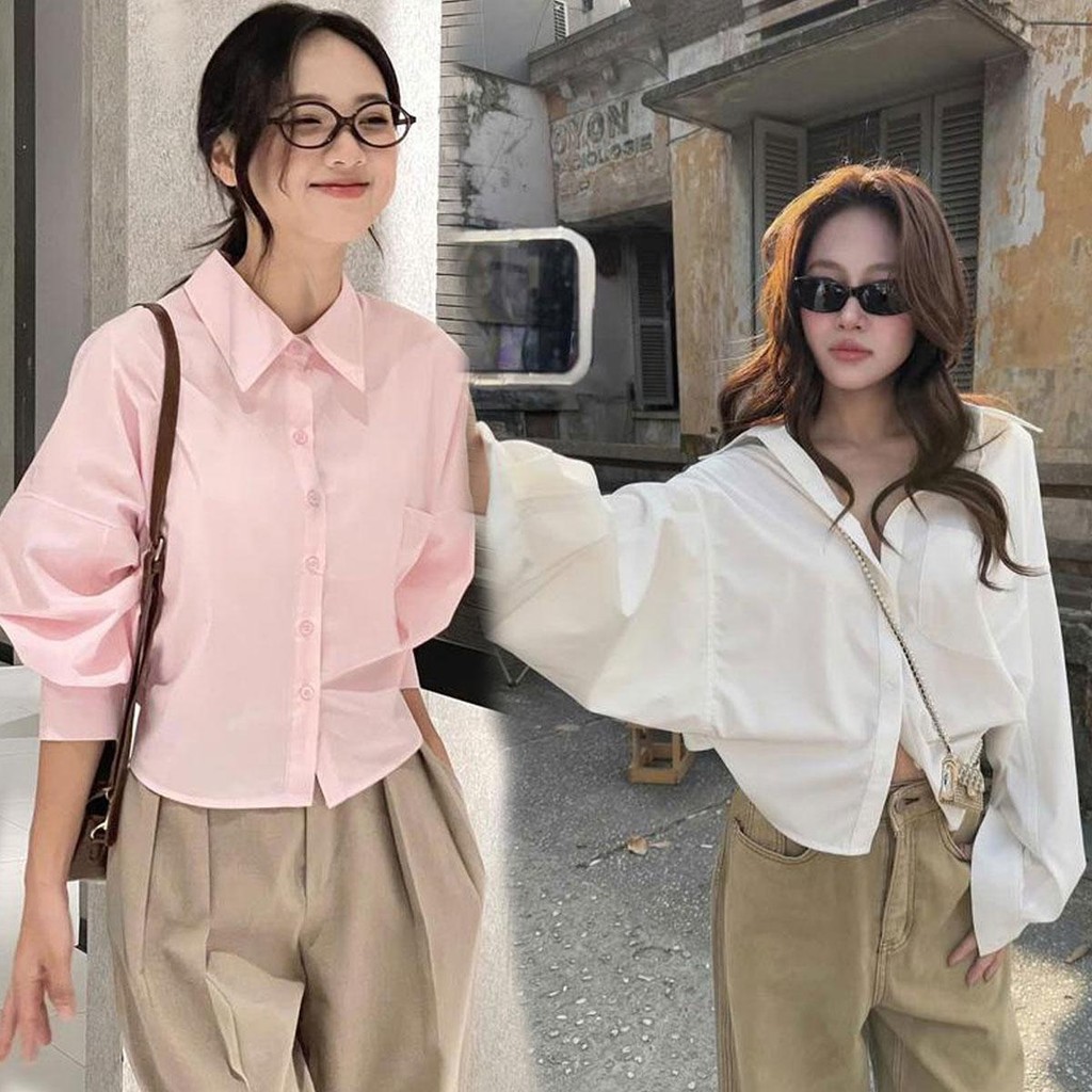 Dahong W622 พร้อมส่ง  เสื้อเชิ้ตแขนยาวคอป ทรงครอป oversize ทรงสวย เท่ๆ คูลๆ ใส่คลุมชิคๆ ใส่ทำงานก็สวย