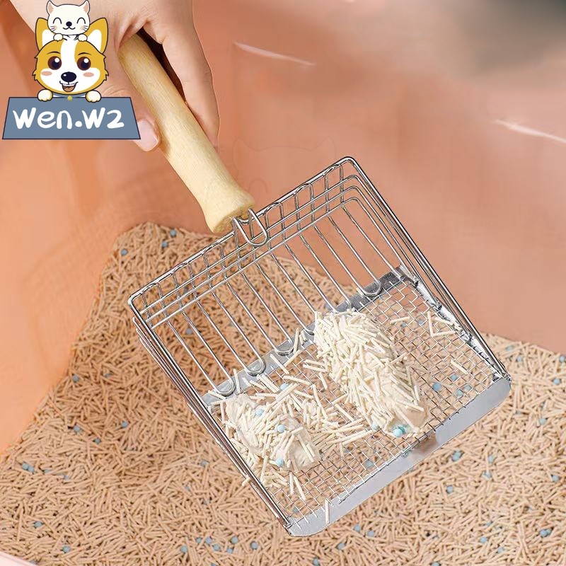 wen.W2 ที่ตักทรายแมวสแตนเลส ด้ามจับไม้ พลั่วตักทรายแมว ช้อนตักทรายแมว