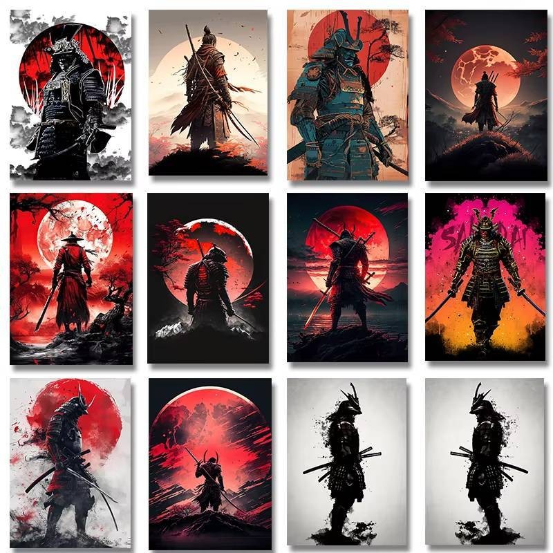 ญี่ปุ่นซามูไรโปสเตอร์ที่มีสีสันสุนทรียศาสตร์การ์ตูนสีแดงดวงอาทิตย์มังกรและสีดําซามูไรผ้าภาพวาดห้องเด็กผนังศิลปะตกแต่งบ้าน