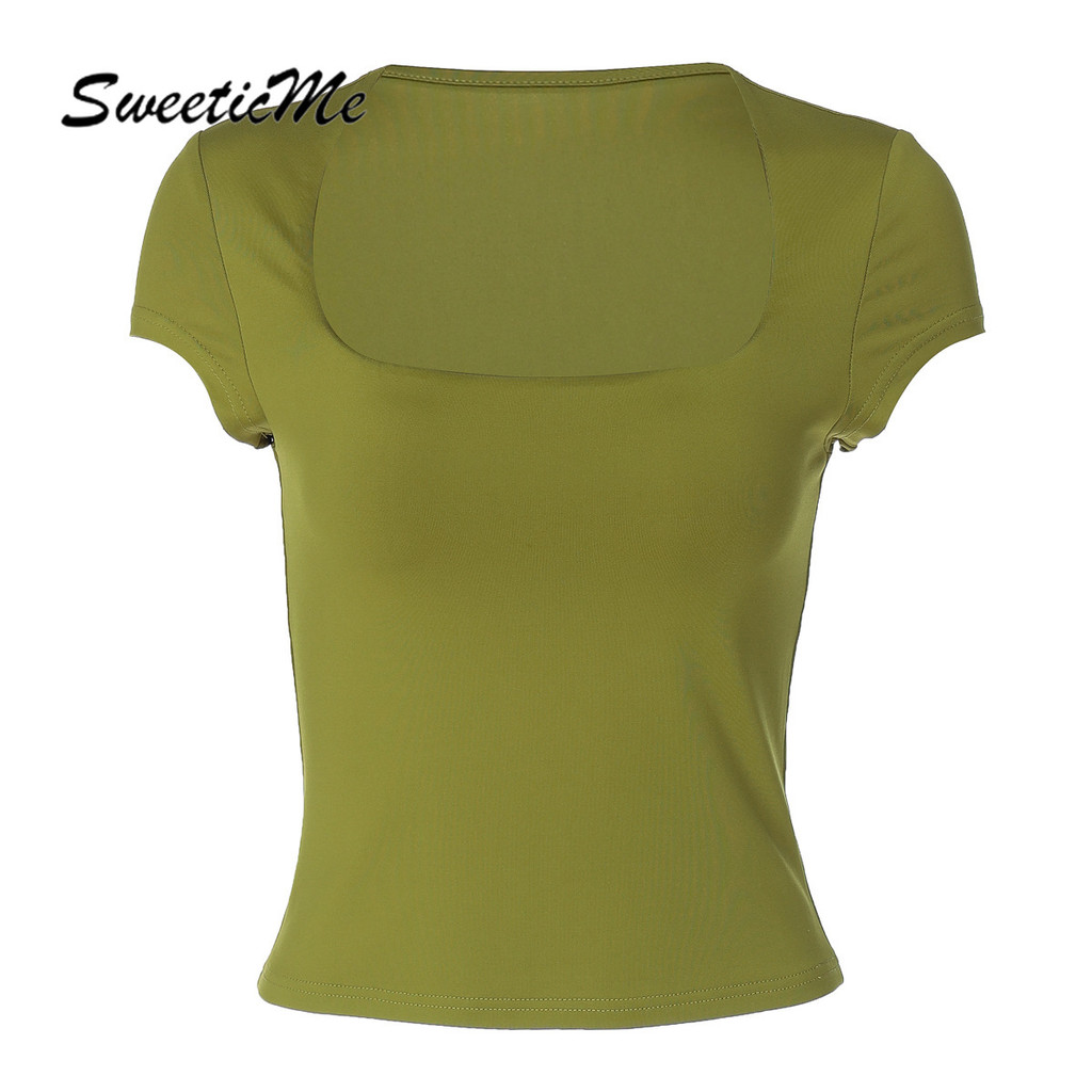 SweeticMe Women's Fashionable Cropped Top 2025 เสื้อยืดทรงสตรีท คอสี่เหลี่ยม สไตล์เน้นความเท่ห์