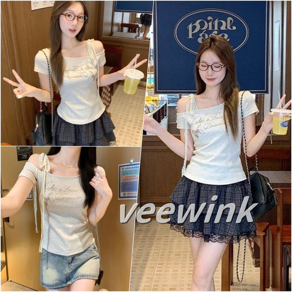 Veewink พร้อมส่งจากกทม เสื้อผู้หญิงแขนสั้น เอวลอย ผ้าเลซ ลายผีเสื้อ ใส่กระชับตัว โปร่งสบาย สวยเซ็กซี่ ไซส์ S-XXL