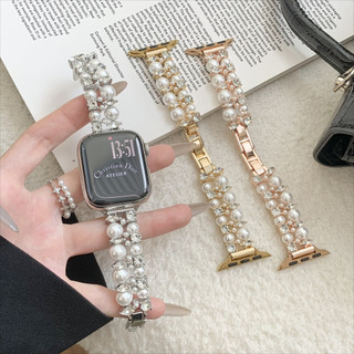 Pearl Rhinestone Encrusted โซ่โลหะสําหรับ iWatch Series Ultra 11 10 9 8 7 6 SE 5 4 3 2 46 มม.42 มม.44 มม.41 มม.45 มม.40 มม.49 38 การออกแบบเครื่องประดับสายรัดข้อมือสําหรับ Xiaomi NFC 10 9 8 Pro