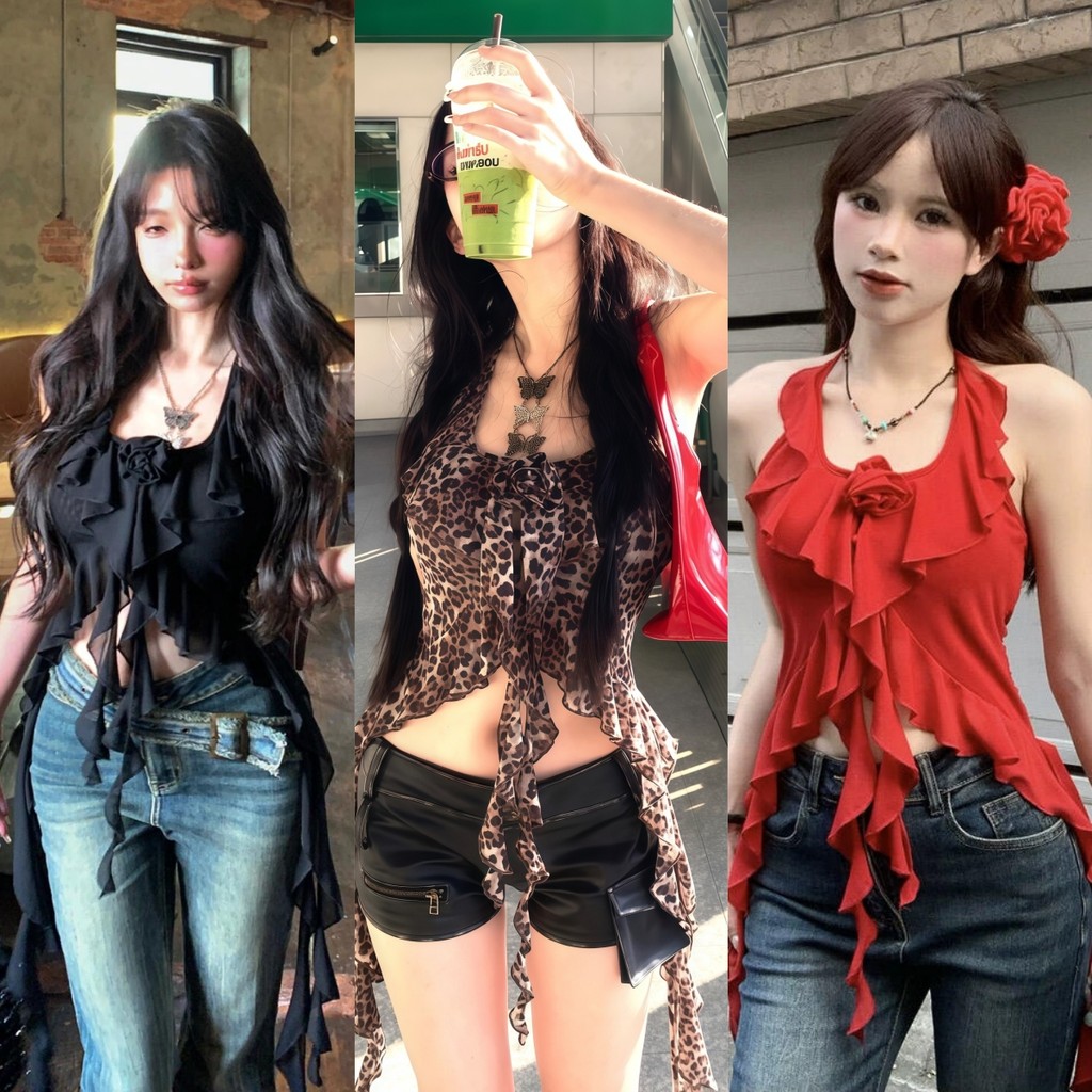 QY.Shop เสื้อคล้องคอผู้หญิง สีทึบ ลำลอง ไม่ปกติ เสื้อกล้ามระบายทรงเข้ารูปย้อนยุค "FY2633-1"