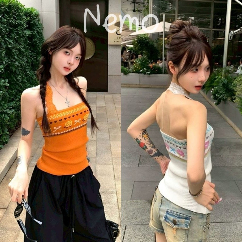 Nemo store🌸#Y9353 เสื้อคล้องคอ ผ้าไหมพรมสีสดใส ลายโบฮีเมี้ยน