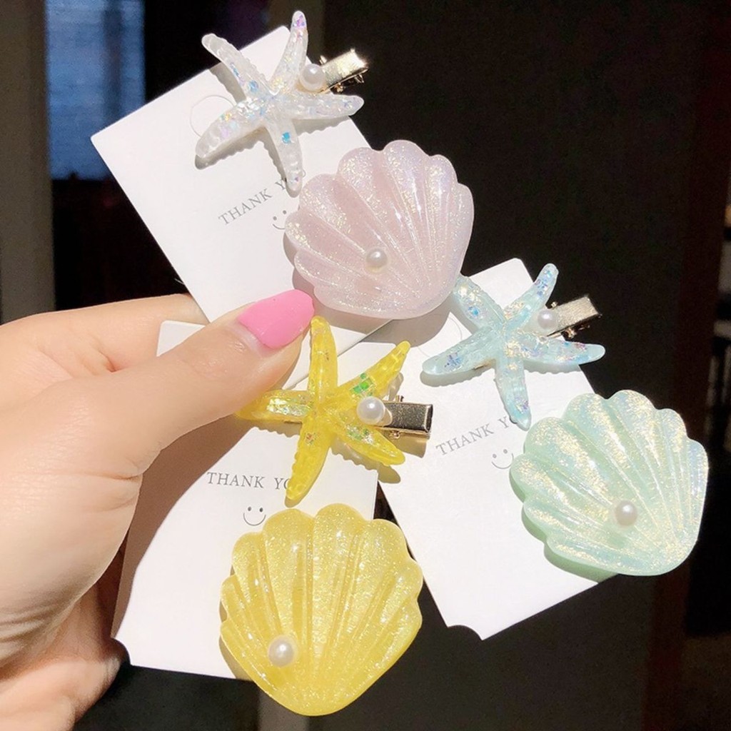 Gmail แฟชั่นเรซิ่นเชลล์ปลาดาว คลิปผม 2 แพ็ค เสริมความสวยงามในวันหยุด สไตล์ party hairpin สำหรับผู้หญ