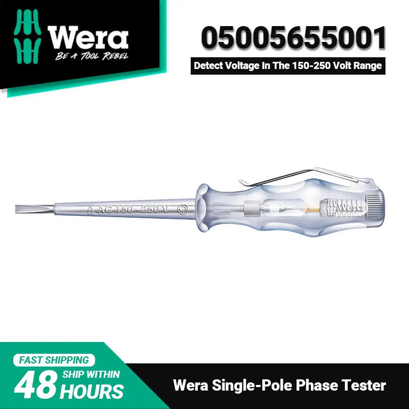 Wera 05005655001 เครื่องทดสอบแรงดันไฟฟ้า 247 เครื่องทดสอบเฟสด้ามจับคราฟท์แบบขั้วเดียวพร้อมคลิปแข็งแรงป้องกันกลิ้งหกเหลี่ยม