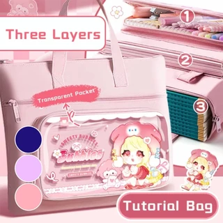 กระเป๋าผ้าใบนักเรียน 3ชั้น กันน้ำได้ แบบถือหิ้วใส่ของ โท้ทการ์ตูน สำหรับเด็กประถม เก็บเอกสาร