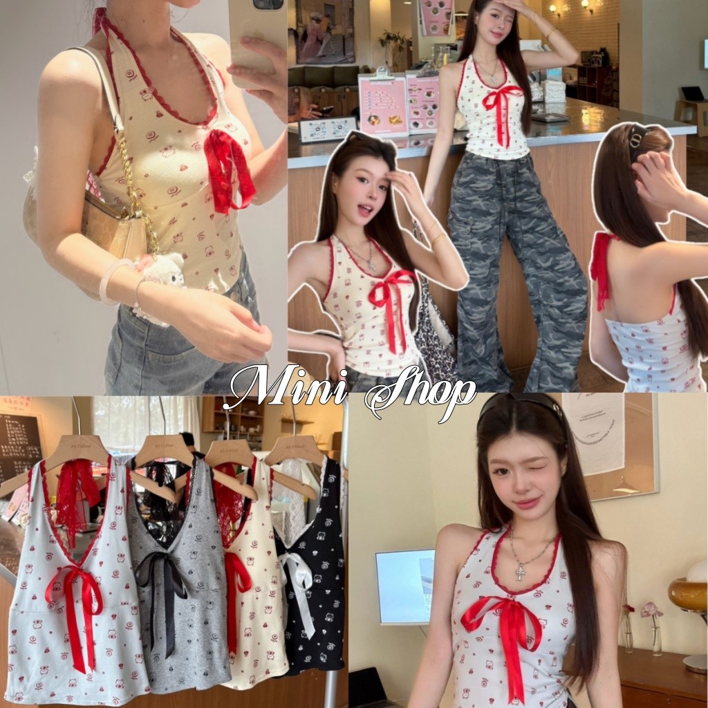 Mini shop🌸พร้อมส่ง🌸(FY1849) เสื้อคล้องคอ ลายการ์ตูน ใส่สบาย สีพื้น สไตล์น่ารัก ยืดพอดีตัว