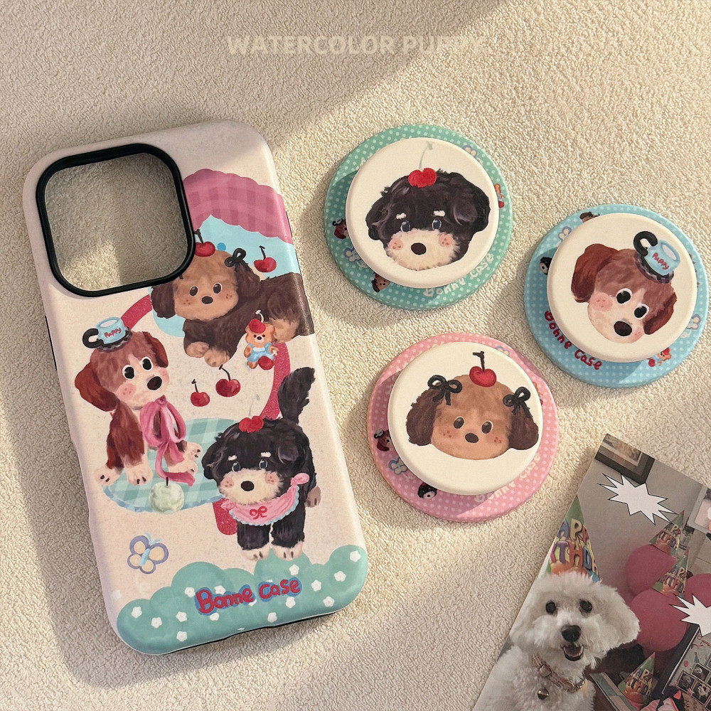 การ์ตูนGraffitiภาพวาดสีน้ํามันเชอร์รี่Bowknotลูกสุนัขที่วางขาตั้งแม่เหล็กIPhone CaseสําหรับIPhone 16 Pro Max 15 14 13 12 11 ScratchทนHard PC Matteปกหลัง