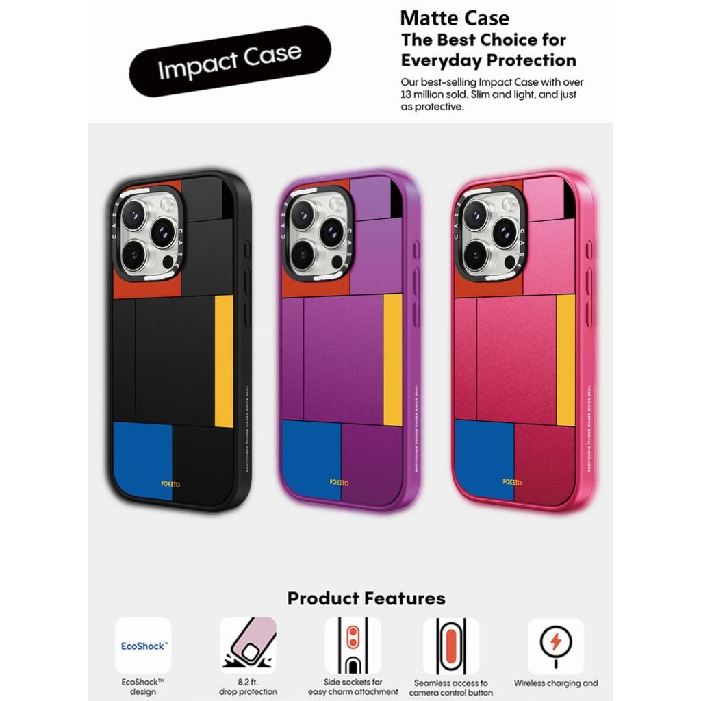 CASECASE X POKETO สีแดงสีฟ้าสีเหลืองกรณี Matte สีดําสีม่วง Matte RosePink Clear Hard Case Impact สําหรับ Apple IPhone 13 14 15 16 Pro Max พร้อมกล่อง