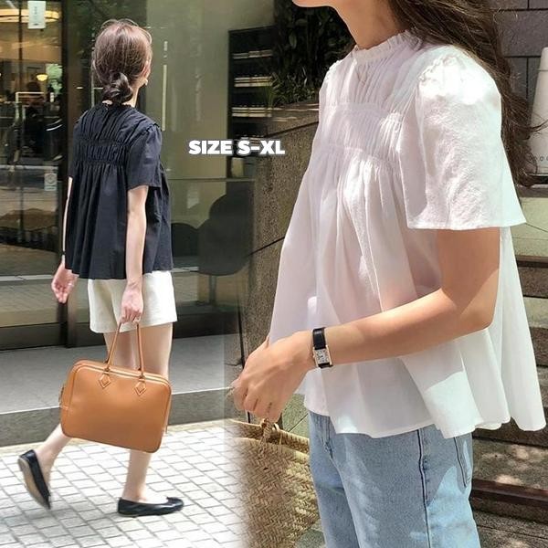 mimi&didi#เสื้อเชิ้ตสไตล์เกาหลี ชิคๆ คอตั้ง ดีไซน์จีบ ทรงหลวม คอกลม แขนสั้น เบลาส์ เสื้อแฟชั่น ผู้หญิงน่ารักๆ#W628