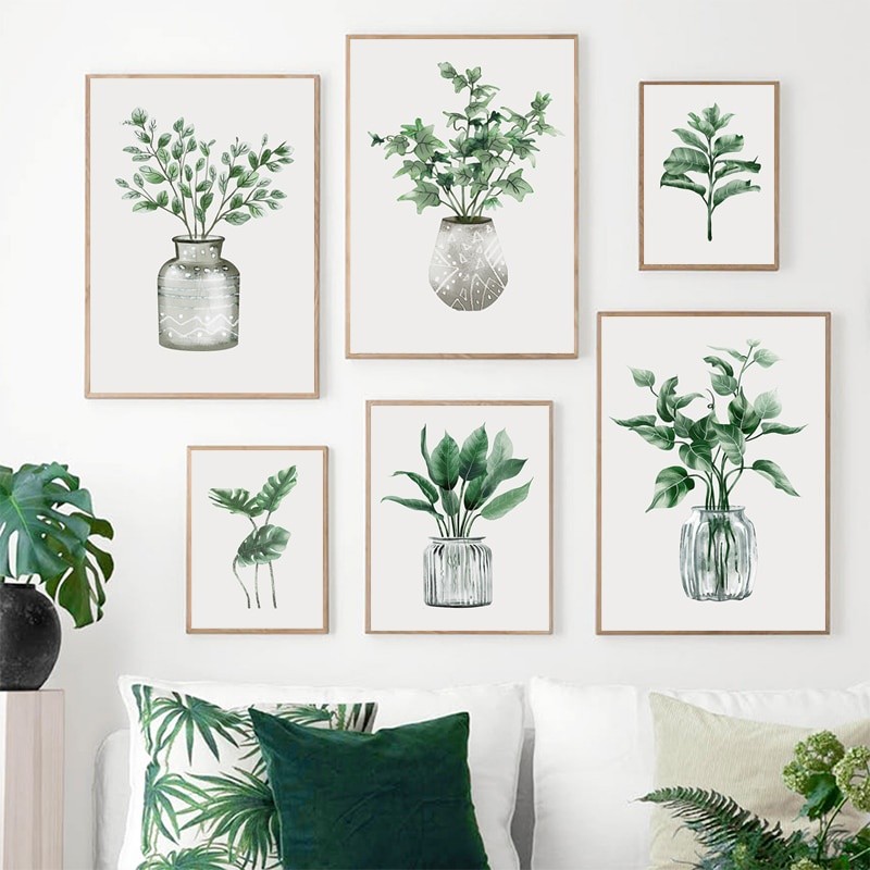 Tropical Green Plants โปสเตอร์ภาพวาดสีน้ํามัน Living ภาพวาดผ้าใบสีเขียวสไตล์ Wall Art