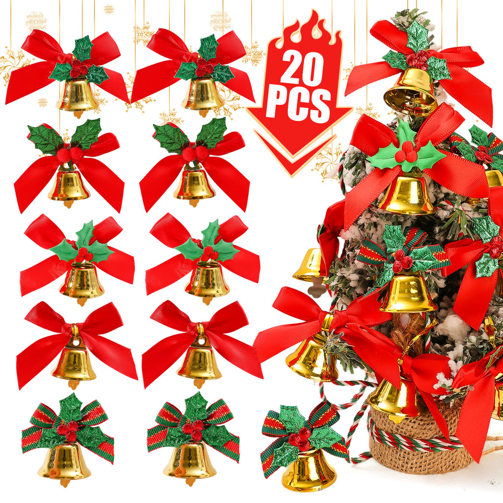 เครื่องประดับโบว์และกระดิ่งงานรื่นเริง 20 ชิ้นสําหรับต้นคริสต์มาส | ตกแต่งสีทองสีแดงพร้อมคลิปหนีบที่ปลอดภัยชุดตกแต่งวันหยุดขนาดกระทัดรัด