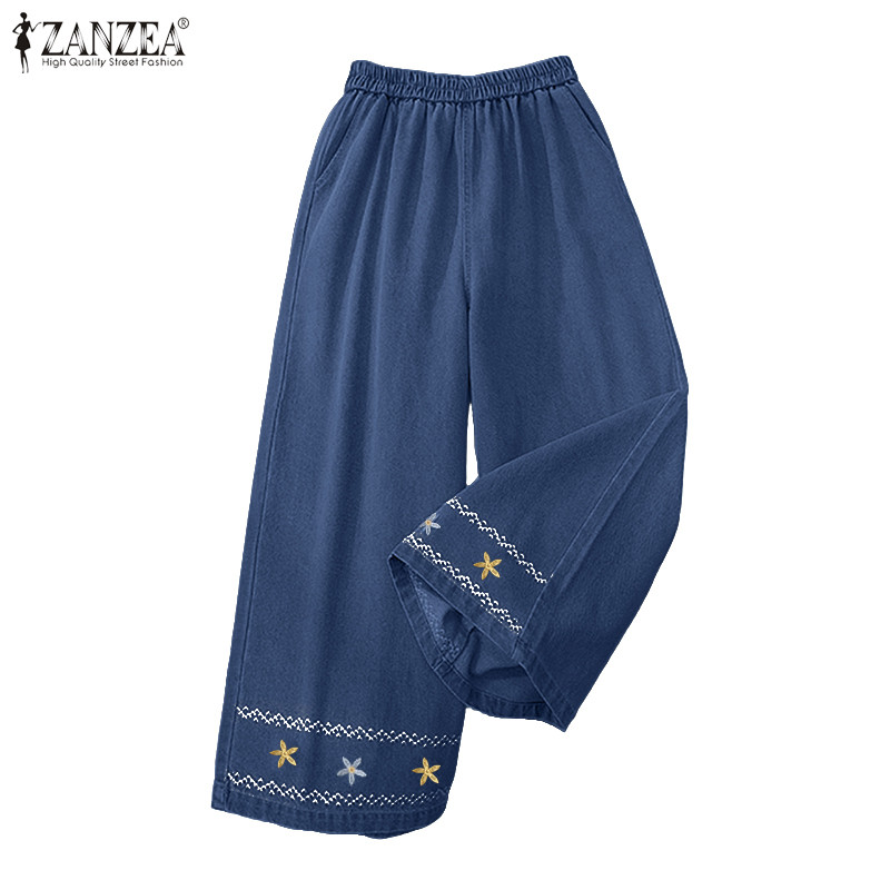 ZANZEA ผู้หญิงเกาหลี Retro Leisure เอวสูงEmbroider พิมพ์กางเกงขากว้าง Hem — صورة 6