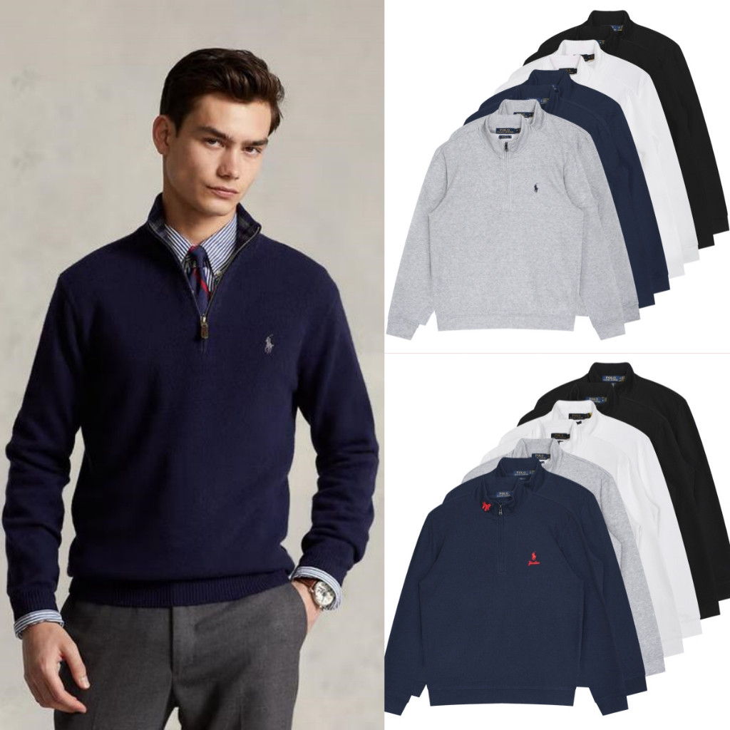 2025 ใหม่ ร.ล ผู้ชายพับคอปกแขนยาวเสื้อกันหนาวผ้าฝ้ายเย็บปักถักร้อยครึ่งซิปเสื้อสวมหัวลําลอง