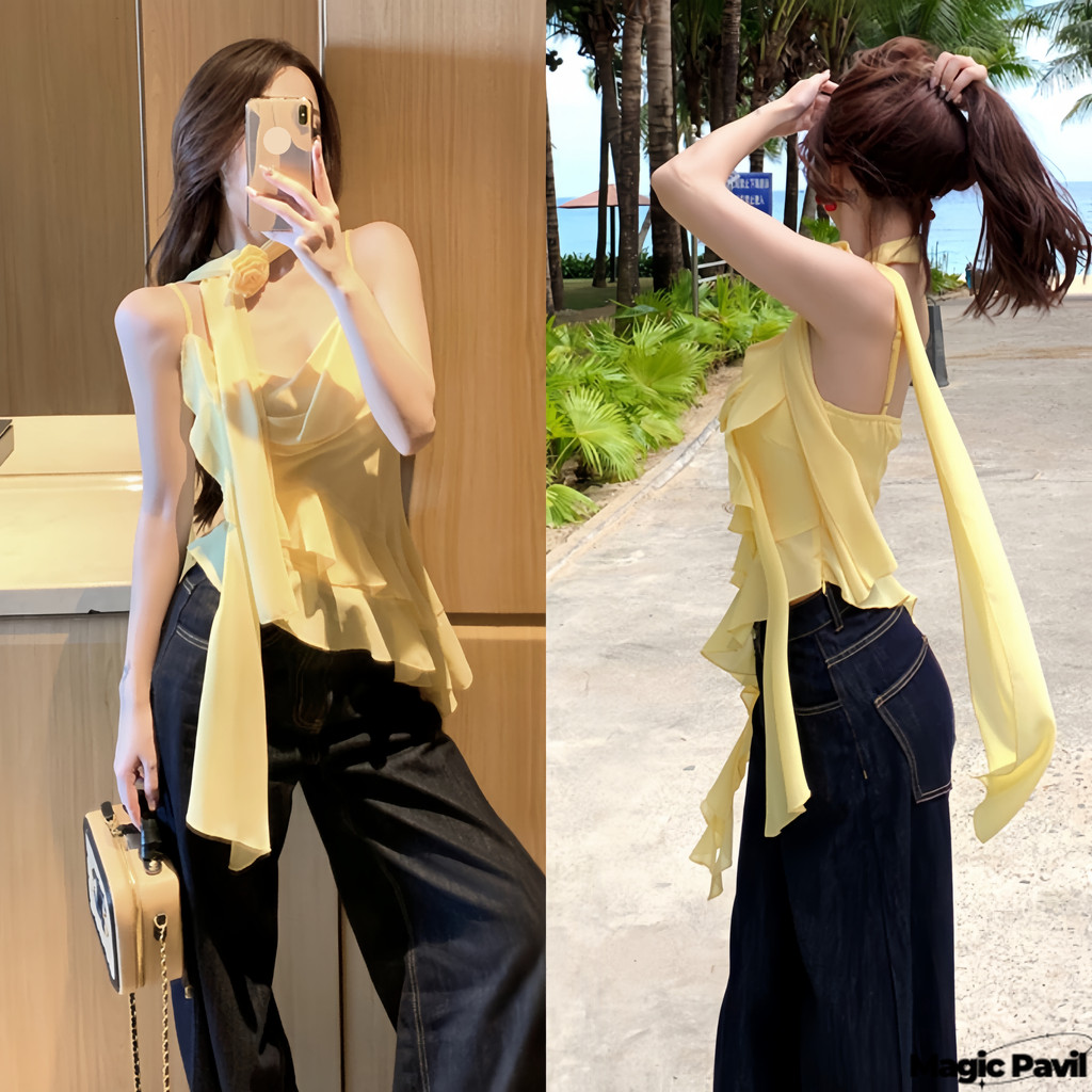 【Magic】พร้อมส่ง | สไตล์เกาหลี เสื้อไม่มีแขน  เสื้อสายเดี่ยวสีเหลืองลายดอก ดีไซน์ริบบิ้นตกแต่ง FY2909