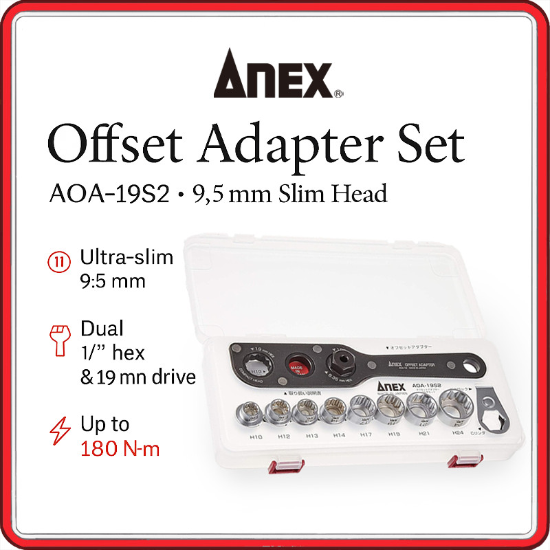 ANEX AOA-19S2 Offset Adapter Socket Set – Ultra-Slim 9.5 mm Head, 8 Metric Sockets, Dual 1/4″ Hex & 