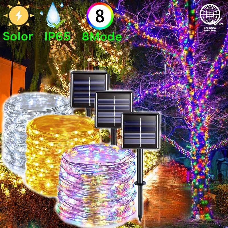 พร้อมสต็อก 32M 300LED พลังงานแสงอาทิตย์แสงกระพริบตา Starry String ไฟลวดทองแดง 8 โหมด Fairy Tree Light DIY กลางแจ้งกันน้ําสวนแสงคริสต์มาสปาร์ตี้งานรื่นเริงงานแต่งงาน