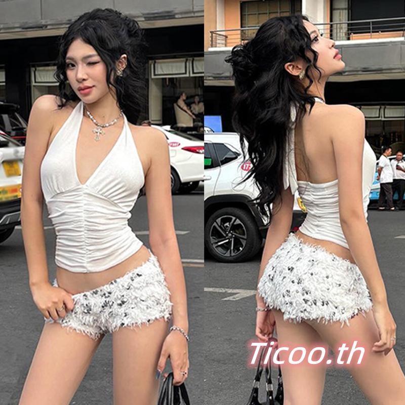 เสื้อกั๊กคล้องคอดีไซน์เปิดไหล่ไม่มีแขน สไตล์แฟชั่นสำหรับผู้หญิง เหมาะสำหรับหน้าร้อน