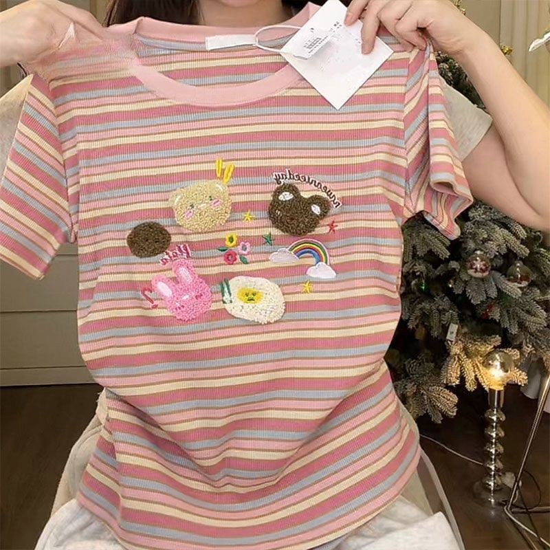 เสื้อยืดลายทางสีรุ้งหวาน สำหรับผู้หญิง แขนสั้น เก๋ไก๋ในฤดูร้อน