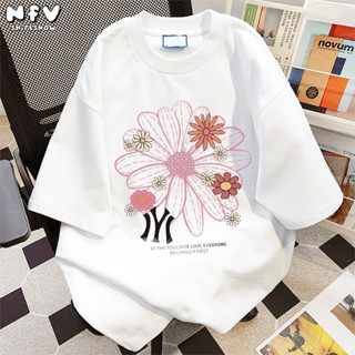 NFV พร้อมส่ง🌸ลายพิมพ์ดอกไม้ แขนสั้น คอกลม เสื้อยืด โอเวอร์ไซ…