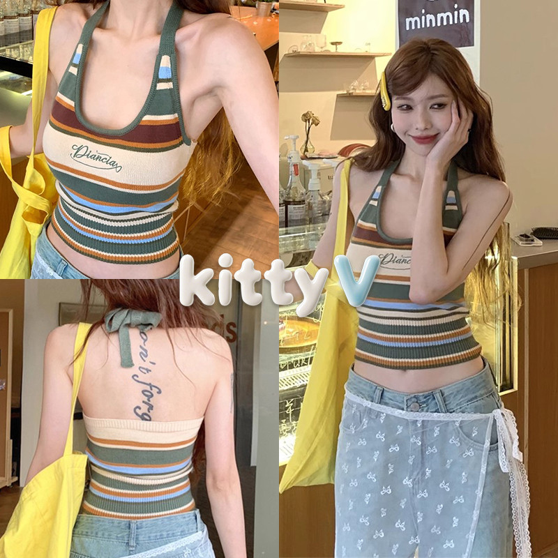 kitty.vogue พร้อมส่ง เสื้อคล้องคอไหมพรม ดีเทลลายสีสันสดใสเขียวดีมาก-19197