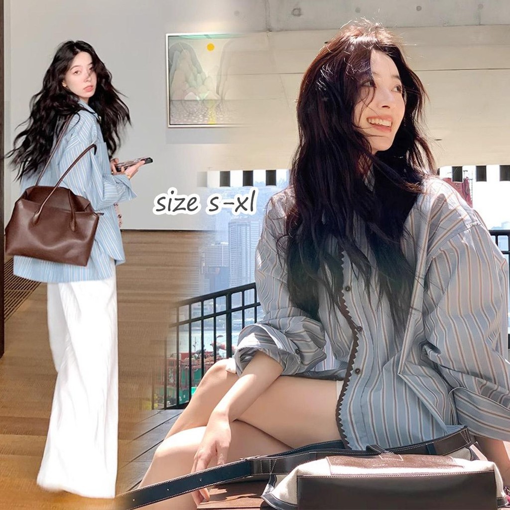 mimi&didi#เสื้อเชิ้ตแขนยาวทรงหลวมสีฟ้าสไตล์ย้อนยุคแบบสบายๆ สำหรับผู้หญิงไซส์ใหญ่ ปกลายปักเปลือกหอย#99140