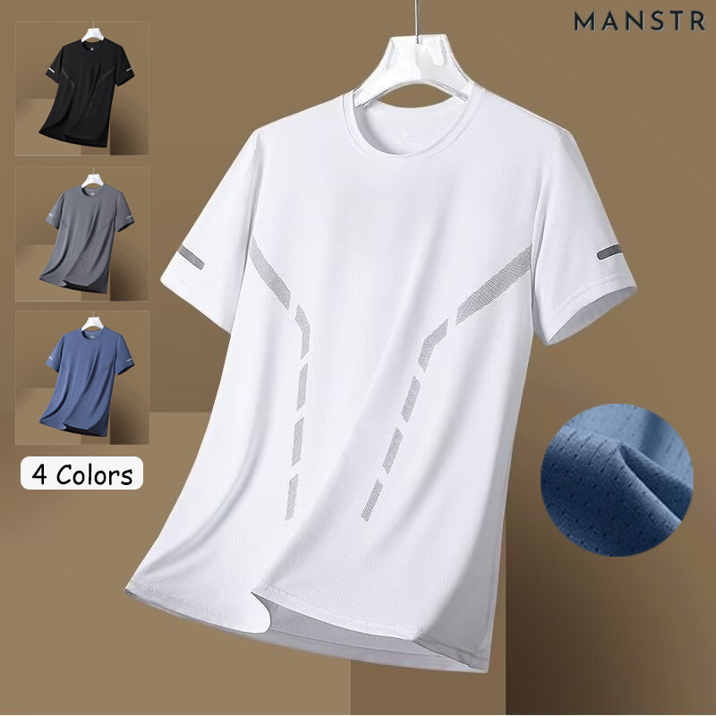 MANSTR [4สี] M-5XL ผู้ชายผ้าไหมน้ำแข็งแห้งเร็วกีฬาสีทึบตาข่ายเสื้อยืดแฟชั่นฤดูร้อนแขนสั้นลำลองเสื้อยืดสำหรับผู้ชายขนาดบวกเสื้อผ้าแบน ผู้ชาย สงกรานต์ Songkran
