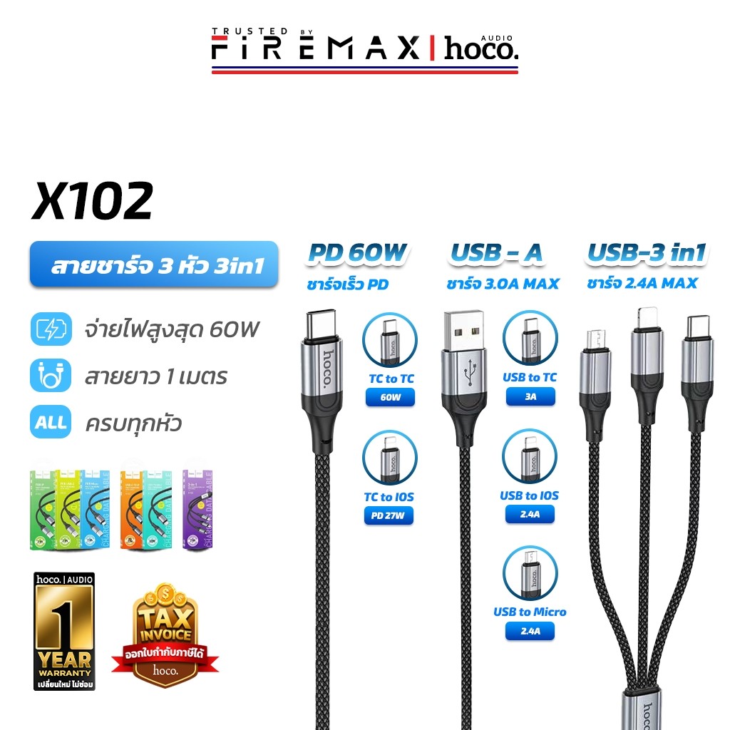 HOCO X102 สายชาร์จ 3 หัว 3in1 Micro + Type-C + iOS จ่ายไฟ 2.4a / iOS 2.4A / สายชาร์จเร็ว PD 27W  ยาว 1 เมตร สายชาร์จ hc1 ราคา ถูกที่สุด ดีลบีเคเค