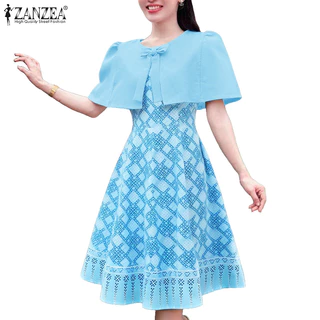 ZANZEA ชุดเดรสพิมพ์ลายสวยงาม คอทรงโอ สำหรับผู้หญิง